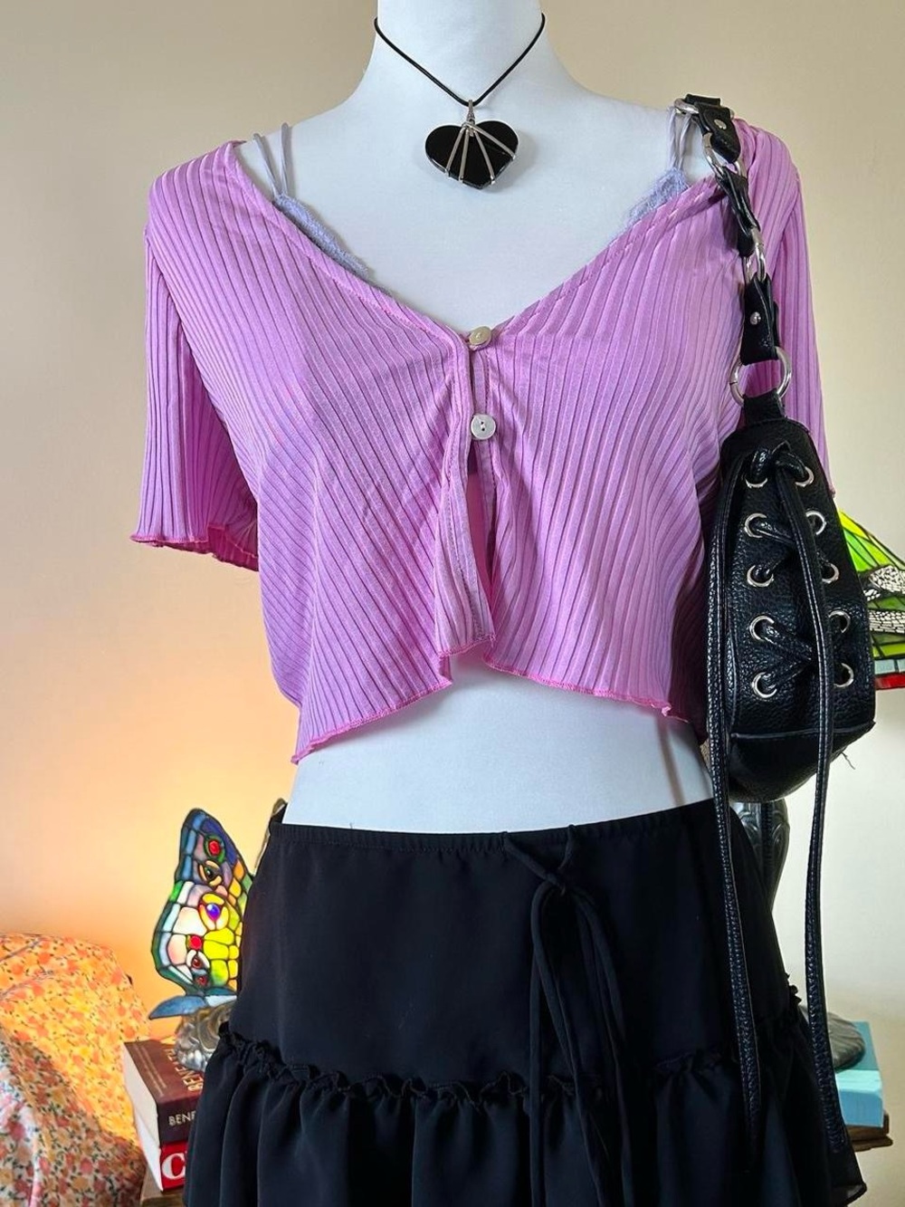 Pink Ribbed V-Neck Cropped Button Front Top